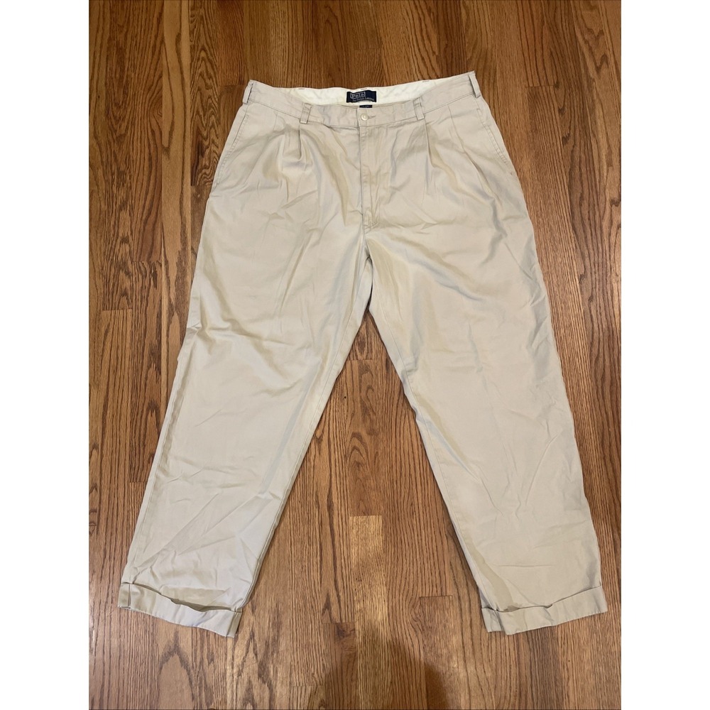 Vintage Polo Ralph Lauren Men's Tan Khaki Chino Pants‎ Pleated Cuffed Size 38x30